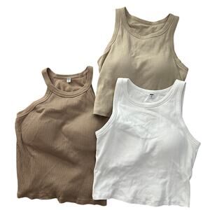 Uniqlo Ribbed Tank Bundle 3 Pc Built In Bra Crop Halter Neutral Capsule M